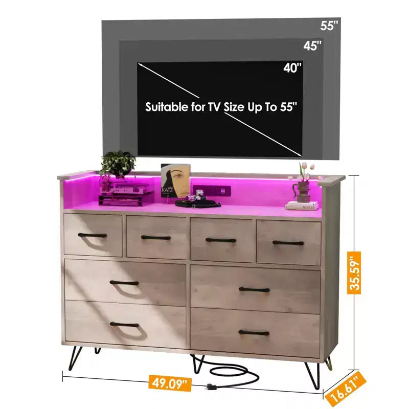Cassettiera da camera da letto con luci LED, stazione di ricarica, 8 cassetti, vano a giorno, mobile contenitore moderno e ampio per soggiorno, ingresso e corridoio