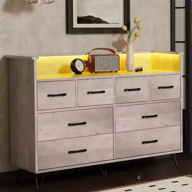 Cassettiera da camera da letto con luci LED, stazione di ricarica, 8 cassetti, vano a giorno, mobile contenitore moderno e ampio per soggiorno, ingresso e corridoio