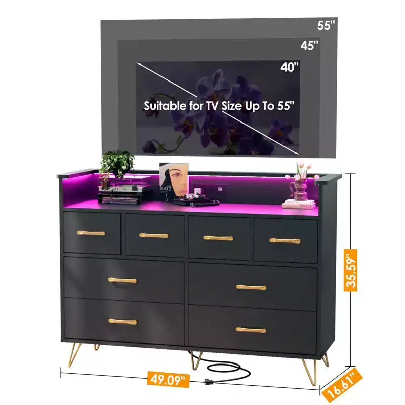 Cassettiera da camera da letto con luci LED, stazione di ricarica, 8 cassetti, vano a giorno, mobile contenitore moderno e ampio per soggiorno, ingresso e corridoio