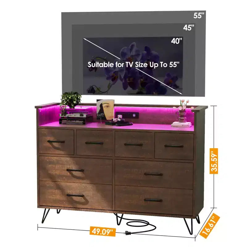 Cassettiera da camera da letto con luci LED, stazione di ricarica, 8 cassetti, vano a giorno, mobile contenitore moderno e ampio per soggiorno, ingresso e corridoio