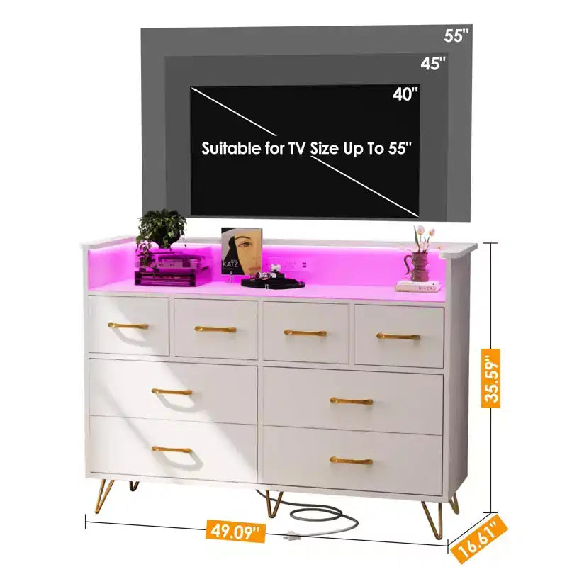 Cassettiera da camera da letto con luci LED, stazione di ricarica, 8 cassetti, vano a giorno, mobile contenitore moderno e ampio per soggiorno, ingresso e corridoio