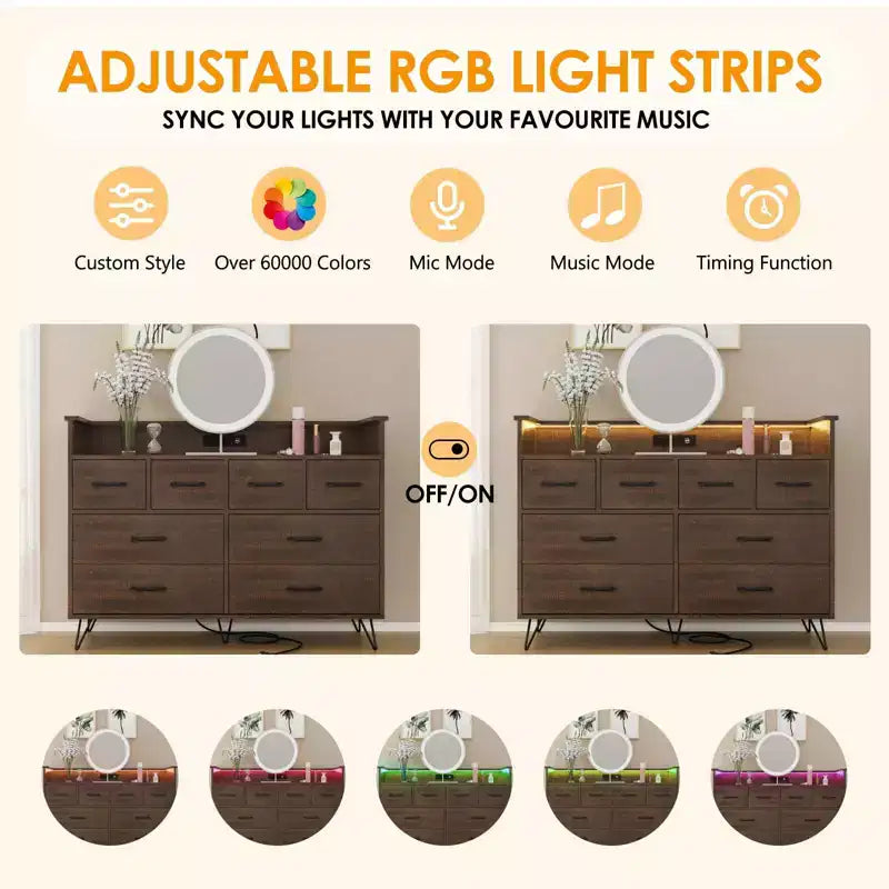 Cassettiera da camera da letto con luci LED, stazione di ricarica, 8 cassetti, vano a giorno, mobile contenitore moderno e ampio per soggiorno, ingresso e corridoio