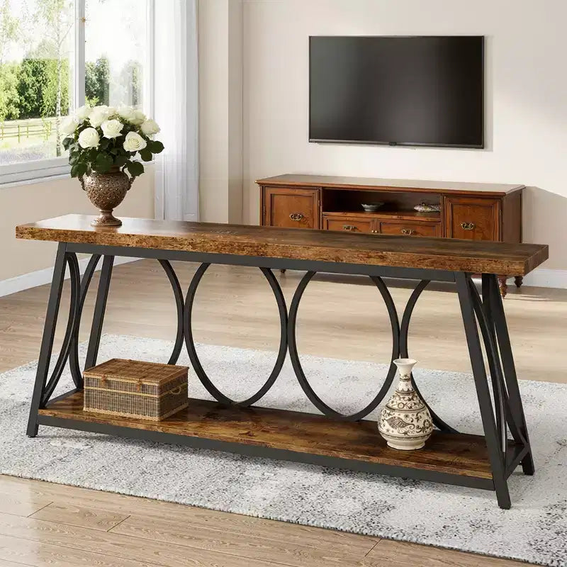 Consolle industriale da 180 cm con ripiano aperto e struttura in metallo nero