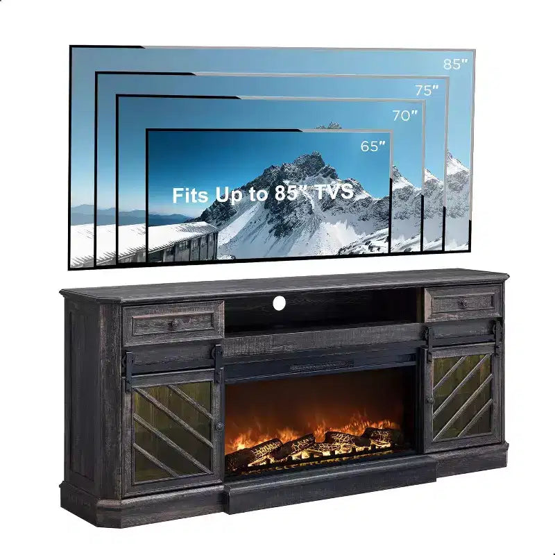 Mobile TV da 75" con caminetto elettrico in stile rustico – Adatto a TV fino a 85"