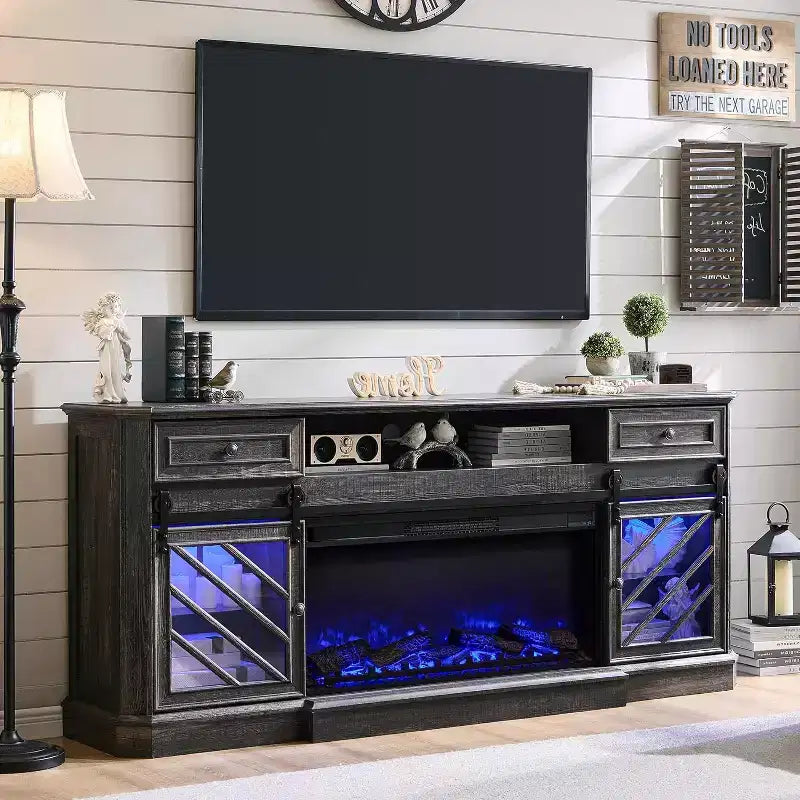 Mobile TV da 75" con caminetto elettrico in stile rustico – Adatto a TV fino a 85"