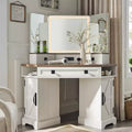 SinCiDo 48 Farmhouse Corner Vanity Desk, w/ 3 Way Mirror & Lights, Charging Station, Glass Tabletop, 3 Drawers and 2 Lockers, Bedroom Dressing Table