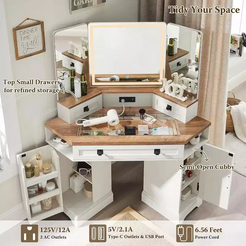 Scrivania angolare da trucco da 48" in stile rustico con specchio LED e stazione di ricarica