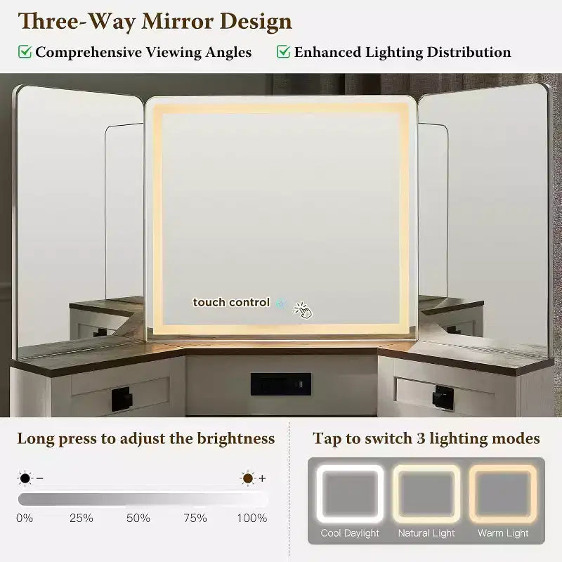 Scrivania angolare da trucco da 48" in stile rustico con specchio LED e stazione di ricarica