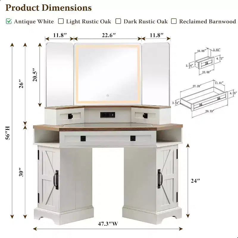 Scrivania angolare da trucco da 48" in stile rustico con specchio LED e stazione di ricarica