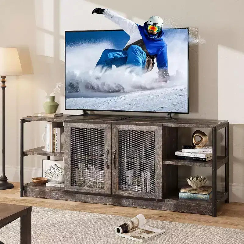 Mobile TV, Centro di intrattenimento con mobiletto contenitore e ante a rete, Tavolo console multimediale per TV