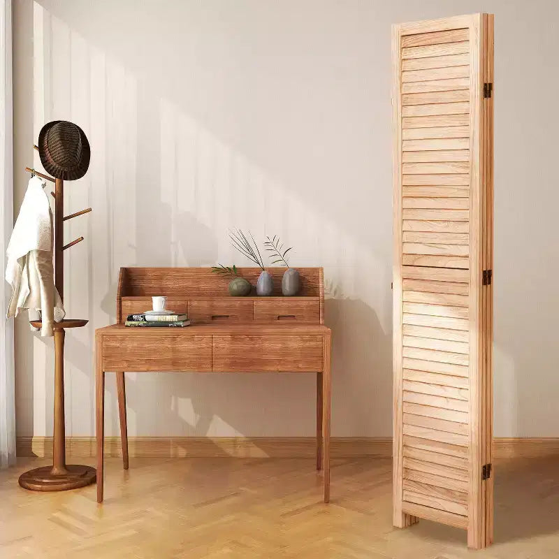 Divisorio Pieghevole in Legno Massello a 4 Pannelli – 55.2x65" Paravento Naturale per la Privacy