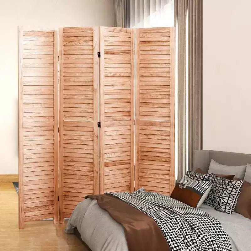 Divisorio Pieghevole in Legno Massello a 4 Pannelli – 55.2x65" Paravento Naturale per la Privacy