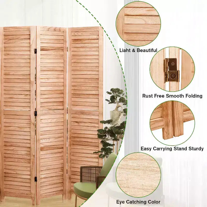 Divisorio Pieghevole in Legno Massello a 4 Pannelli – 55.2x65" Paravento Naturale per la Privacy