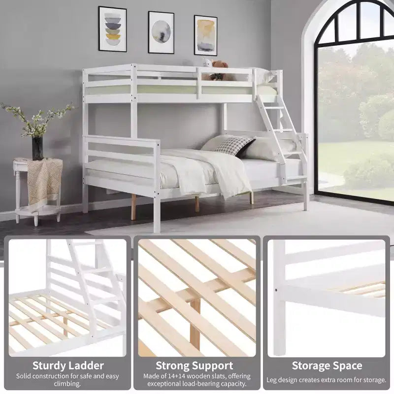 Letto a castello a due piazze con scaletta Telaio in legno con sponde alte per bambini Non è necessaria la rete a molle Robusto e salvaspazio Bianco