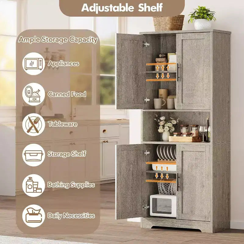 Mobile Dispensa per Cucina Autoportante con Ante e Ripiani Regolabili, Armadio Contenitore Alto 178 cm, Mobile Versatile