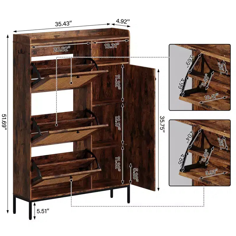 Scarpiera in rattan con 3 cassetti a ribalta, scarpiera nascosta, organizer stretto in legno a 4 livelli per ingresso, corridoio, soggiorno