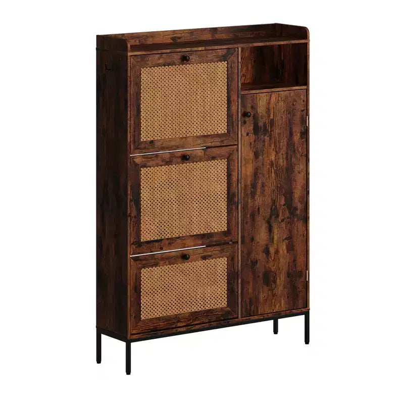 Scarpiera in rattan con 3 cassetti a ribalta, scarpiera nascosta, organizer stretto in legno a 4 livelli per ingresso, corridoio, soggiorno