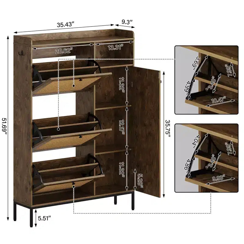 Scarpiera in rattan con 3 cassetti a ribalta, scarpiera nascosta, organizer stretto in legno a 4 livelli per ingresso, corridoio, soggiorno