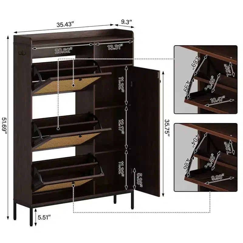 Scarpiera in rattan con 3 cassetti a ribalta, scarpiera nascosta, organizer stretto in legno a 4 livelli per ingresso, corridoio, soggiorno