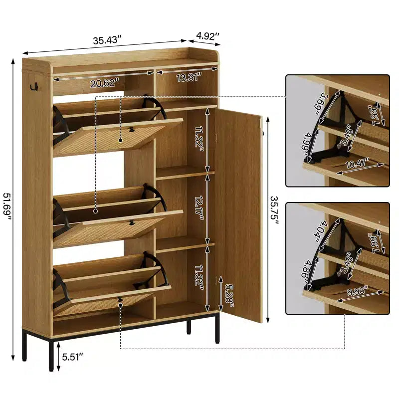 Scarpiera in rattan con 3 cassetti a ribalta, scarpiera nascosta, organizer stretto in legno a 4 livelli per ingresso, corridoio, soggiorno