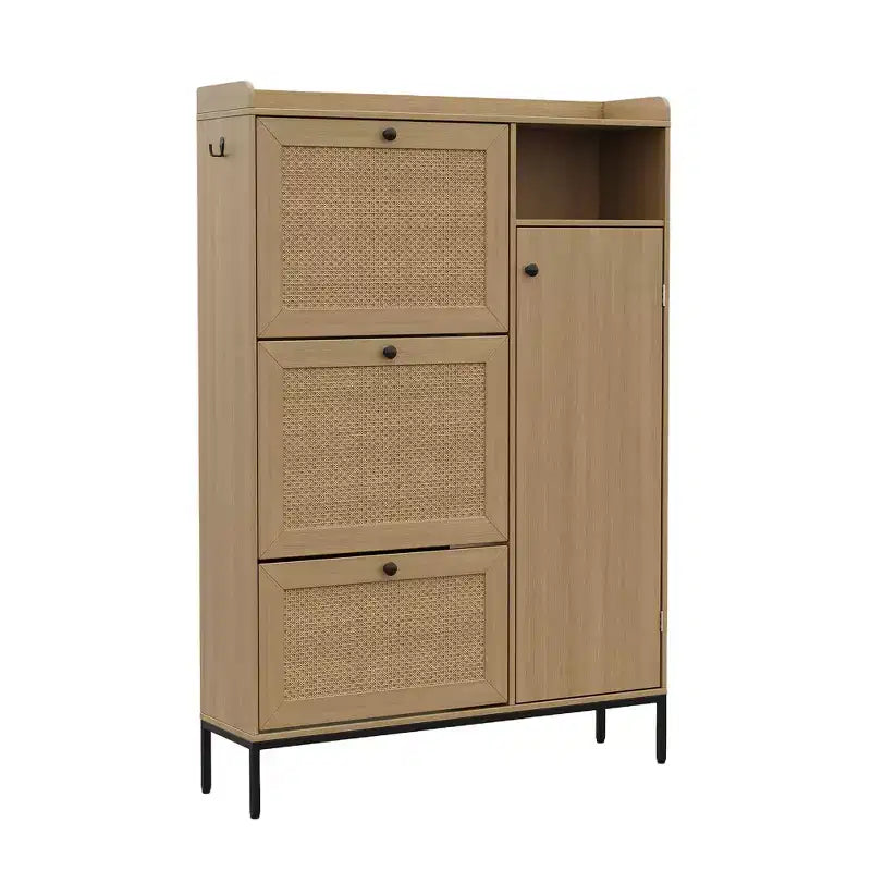 Scarpiera in rattan con 3 cassetti a ribalta, scarpiera nascosta, organizer stretto in legno a 4 livelli per ingresso, corridoio, soggiorno