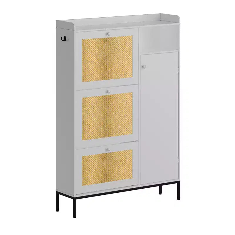 Scarpiera in rattan con 3 cassetti a ribalta, scarpiera nascosta, organizer stretto in legno a 4 livelli per ingresso, corridoio, soggiorno
