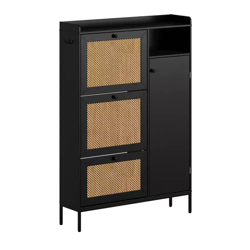 Scarpiera in rattan con 3 cassetti a ribalta, scarpiera nascosta, organizer stretto in legno a 4 livelli per ingresso, corridoio, soggiorno