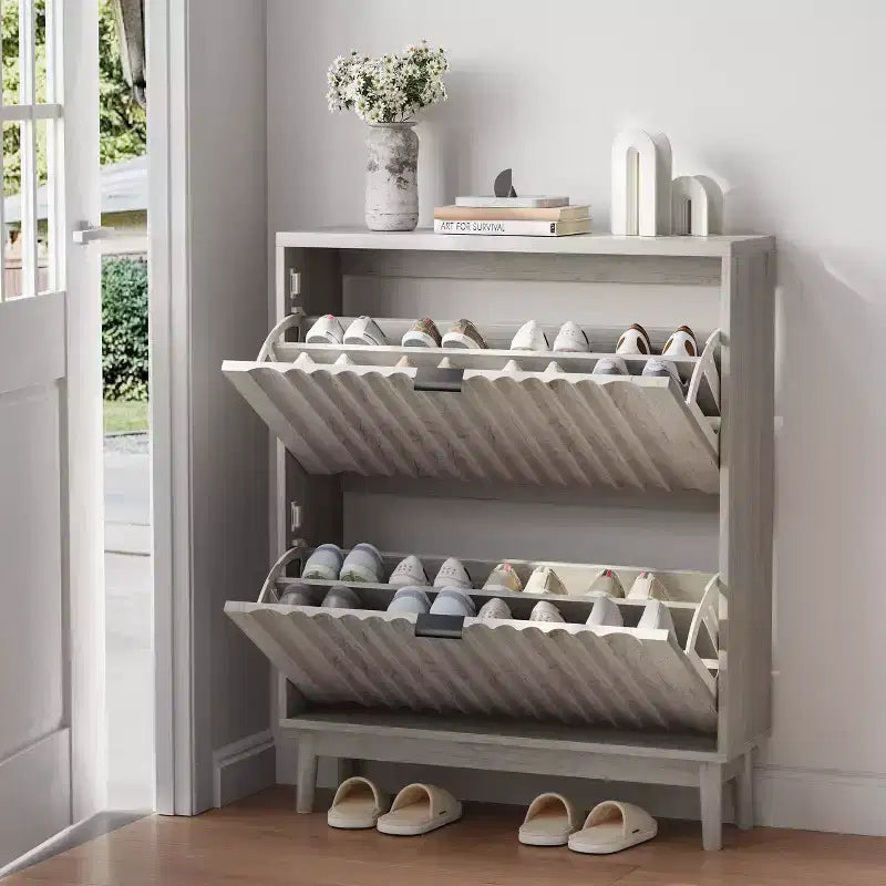 Scarpiera con ante a onda, Scarpiera da ingresso, Scarpiera moderna con 2 cassetti a ribalta per corridoio, ripostiglio, ingresso, armadio, grigio