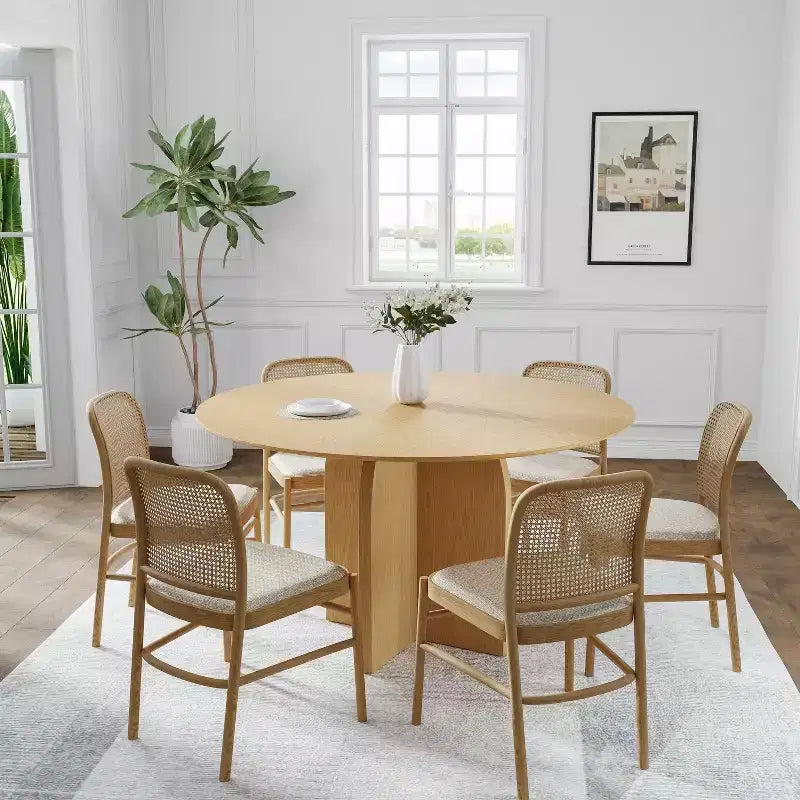 Tavolo da pranzo rotondo da 52" in legno massello con gambe ad arco – 6 posti, Naturale
