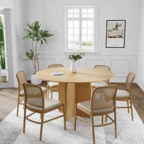 Tavolo da pranzo rotondo da 52" in legno massello con gambe ad arco – 6 posti, Naturale