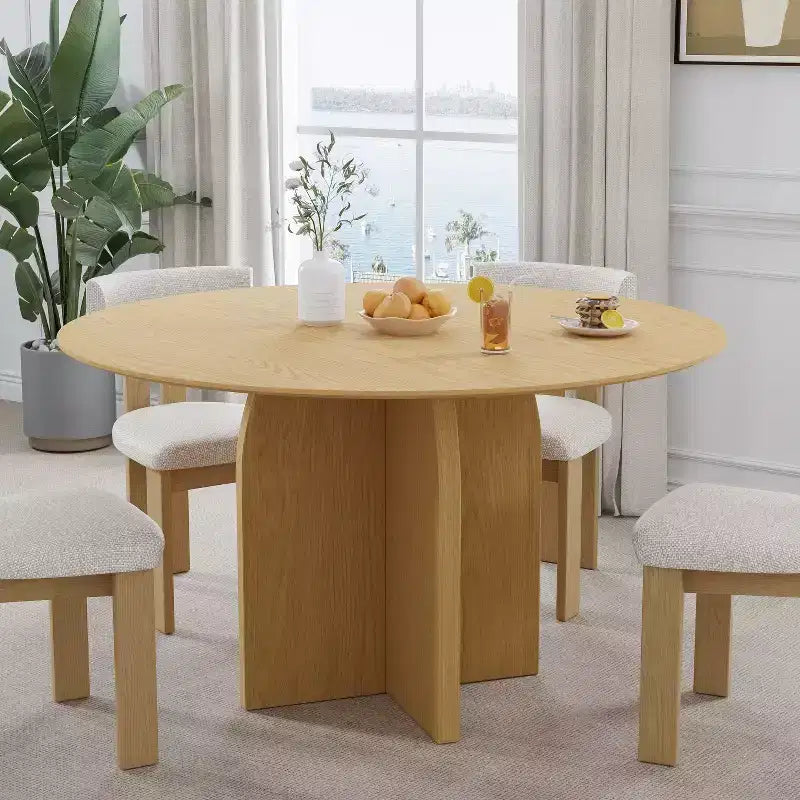 Tavolo da pranzo rotondo da 52" in legno massello con gambe ad arco – 6 posti, Naturale