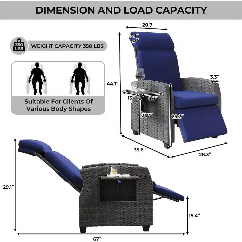 Sdraio reclinabile da esterno con schienale e poggiapiedi regolabili, sedia reclinabile da giardino in vimini PE con tavolino a scomparsa e pompa ad aria, reclinazione completa a 155°
