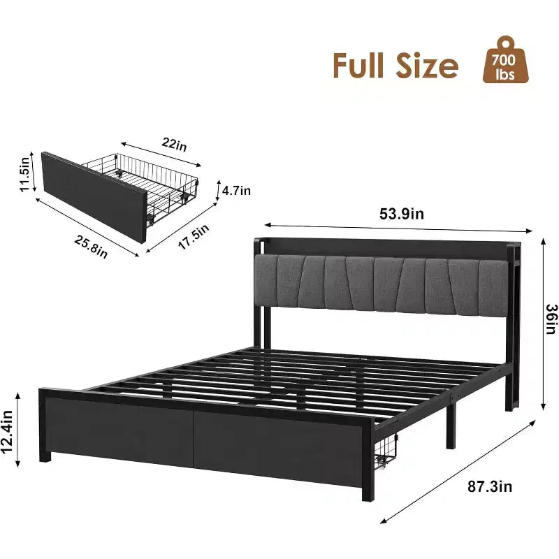 Struttura Letto con Piattaforma Matrimoniale/Queen/King con Cassetti Contenitore, Stazione di Ricarica e Testiera Alta Imbottita, Doghe Metalliche, Nessuna Molla Necessaria, Nero