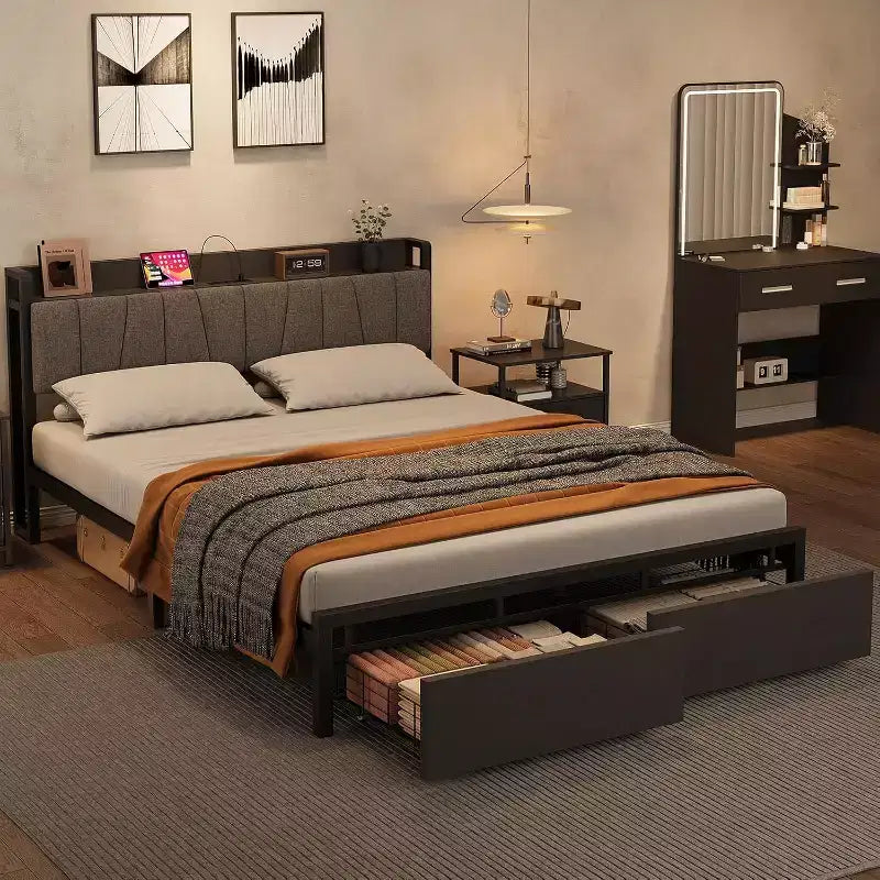 Struttura Letto con Piattaforma Matrimoniale/Queen/King con Cassetti Contenitore, Stazione di Ricarica e Testiera Alta Imbottita, Doghe Metalliche, Nessuna Molla Necessaria, Nero