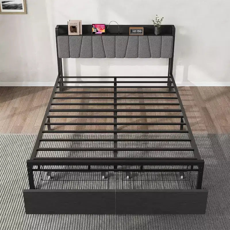 Struttura Letto con Piattaforma Matrimoniale/Queen/King con Cassetti Contenitore, Stazione di Ricarica e Testiera Alta Imbottita, Doghe Metalliche, Nessuna Molla Necessaria, Nero