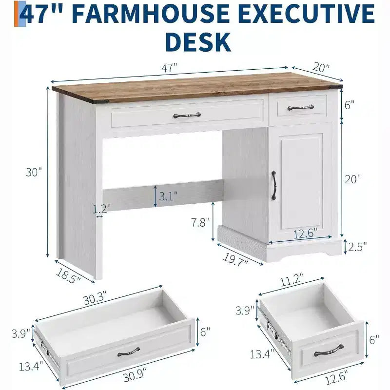 Scrivania direzionale da 47" stile rustico con cassetti e armadietto – Bianco antico