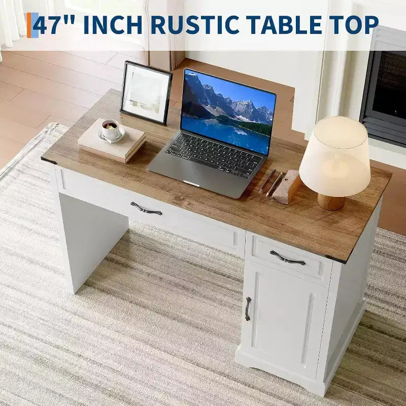 Scrivania direzionale da 47" stile rustico con cassetti e armadietto – Bianco antico