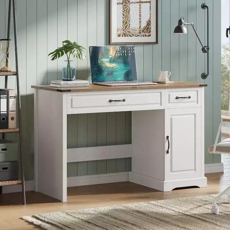 Scrivania direzionale da 47" stile rustico con cassetti e armadietto – Bianco antico