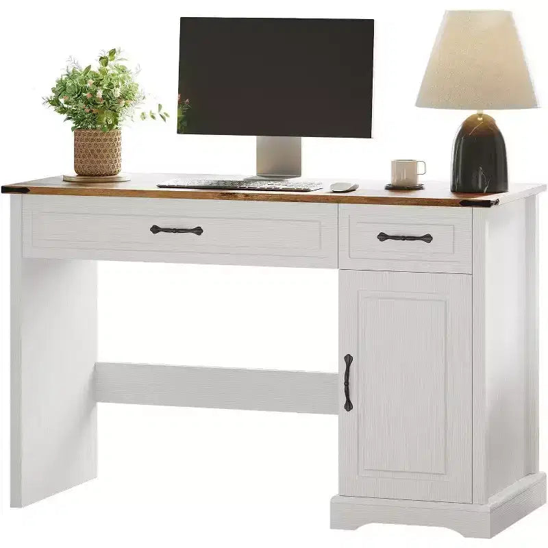 Scrivania direzionale da 47" stile rustico con cassetti e armadietto – Bianco antico