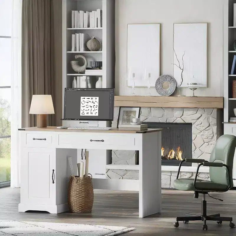 Scrivania direzionale da 47" stile rustico con cassetti e armadietto – Bianco antico