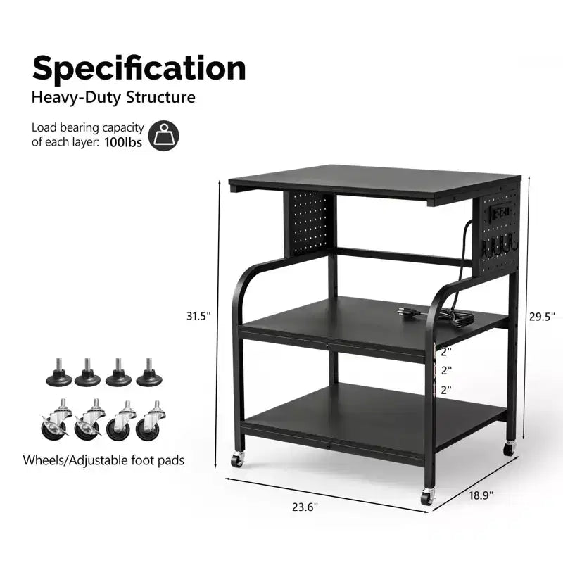 Carrello Porta Stampante a 3 Ripiani con Ruote e Ciabatta Elettrica – 60x48x80cm