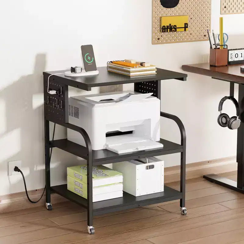 Carrello Porta Stampante a 3 Ripiani con Ruote e Ciabatta Elettrica – 60x48x80cm