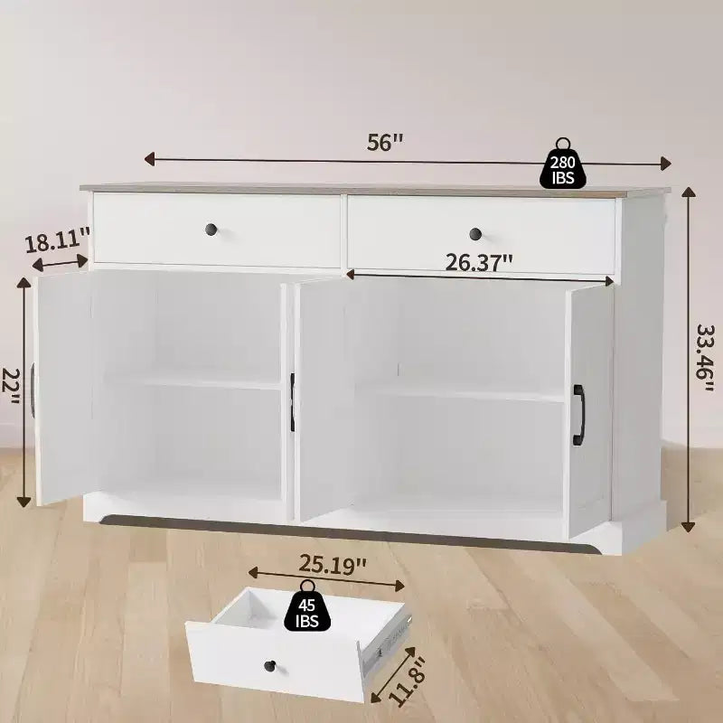 Credenza a buffet da fattoria da 56 pollici – Mobile credenza con cassetti, ripiano regolabile e ante scorrevoli, bianco