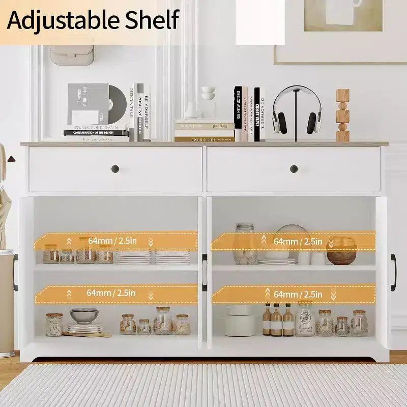 Credenza a buffet da fattoria da 56 pollici – Mobile credenza con cassetti, ripiano regolabile e ante scorrevoli, bianco