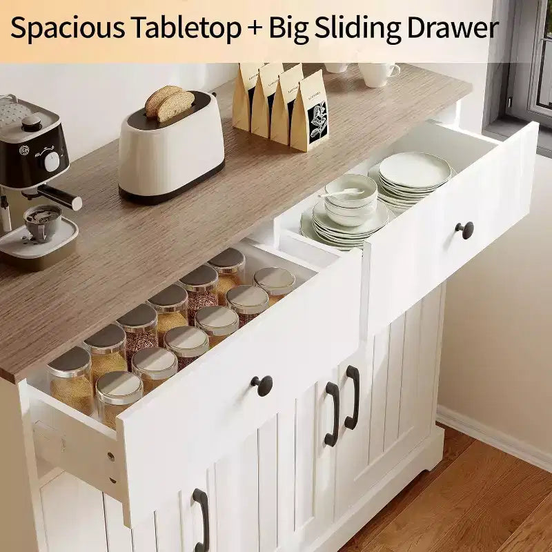 Credenza a buffet da fattoria da 56 pollici – Mobile credenza con cassetti, ripiano regolabile e ante scorrevoli, bianco
