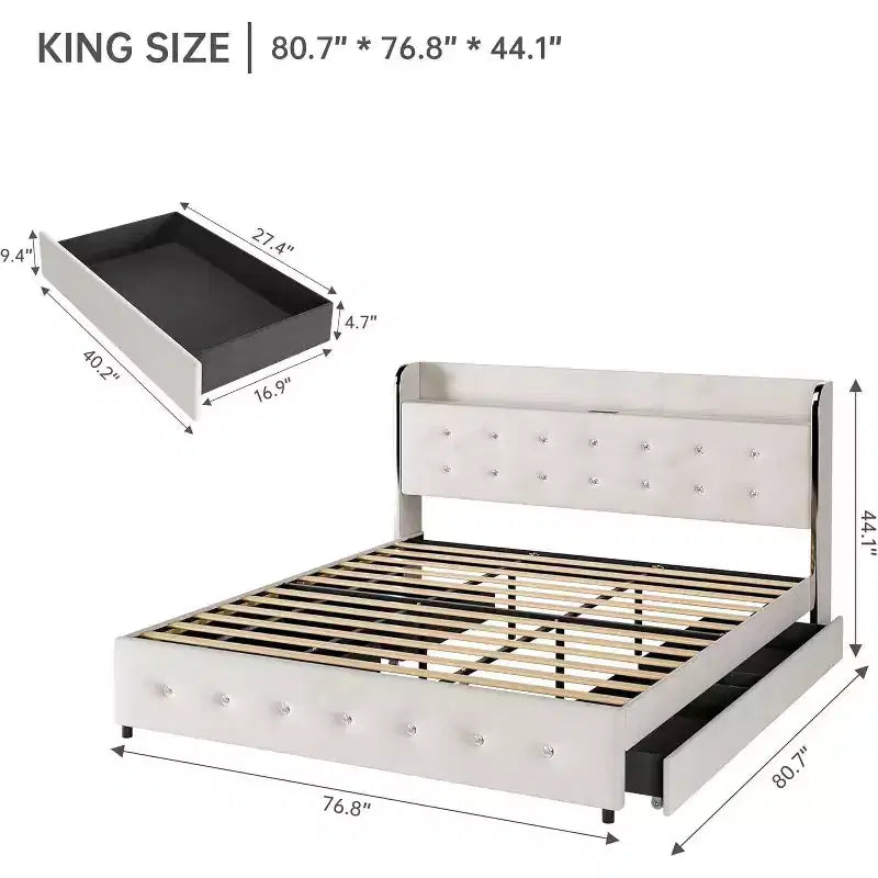Struttura letto con testiera contenitore, 4 cassetti e stazione di ricarica, design a piattaforma imbottita in velluto, non richiede rete, supporto robusto.