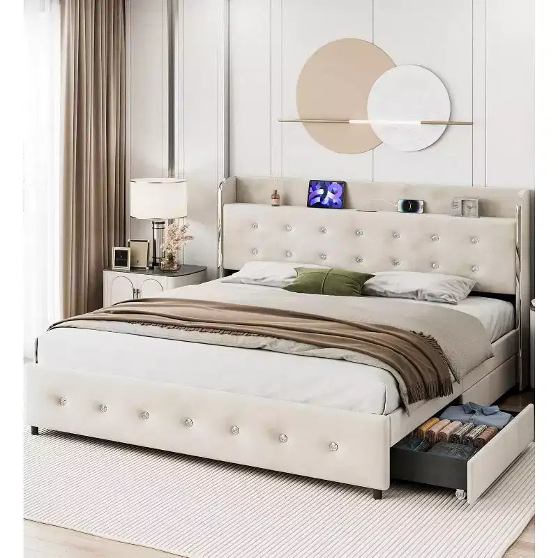 Struttura letto con testiera contenitore, 4 cassetti e stazione di ricarica, design a piattaforma imbottita in velluto, non richiede rete, supporto robusto.