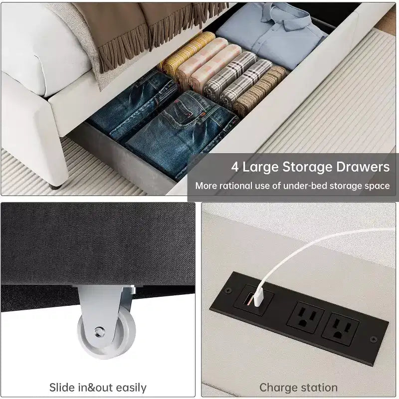 Struttura letto con testiera contenitore, 4 cassetti e stazione di ricarica, design a piattaforma imbottita in velluto, non richiede rete, supporto robusto.