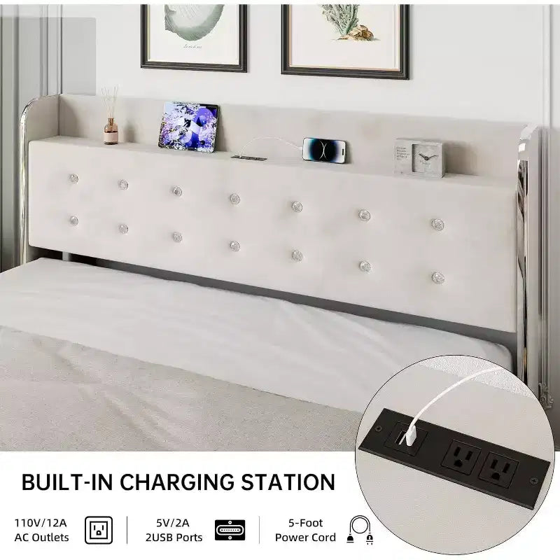 Struttura letto con testiera contenitore, 4 cassetti e stazione di ricarica, design a piattaforma imbottita in velluto, non richiede rete, supporto robusto.