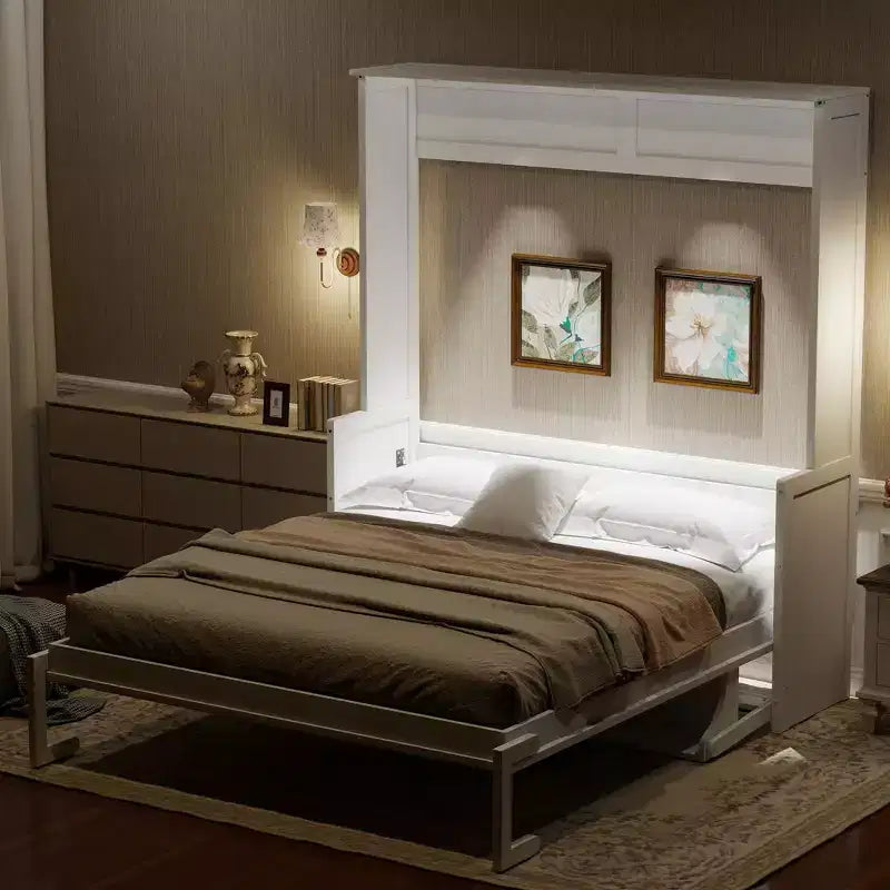 Letto a scomparsa matrimoniale con scrivania, luci LED e ricarica USB – Capacità 272 kg